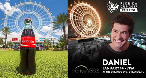 O cantor Daniel se apresentará na atração Coca-Cola Orlando Eye, no complexo I-Drive 360, em Orlando, FL, no próximo sábado 14 de janeiro, às 19h (GMT-5) durante a Fan Fest da Florida Cup 2017.