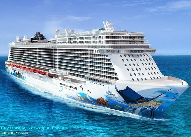 Guy Harvey assina obra de arte no casco do Norwegian Escape